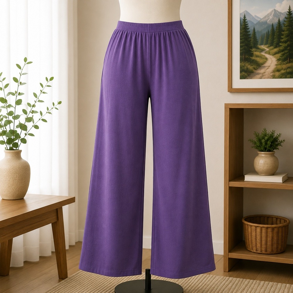 Brandis Wide Leg Pants Womens Large Purple Elastic Waist Knit Trousers Pockets